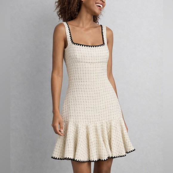 ANTONIO MELANI Dresses & Skirts - 🆕 Antonio Melani Aurelia Tweed Mini Dress Ivory Black Trim Sleeveless Ruffle Hem